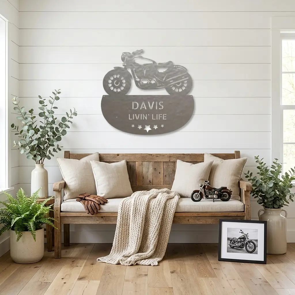 Personalized Motorcycle Metal Wall Sign – Custom Name Laser-Cut Steel Art for Indoors & Outdoors