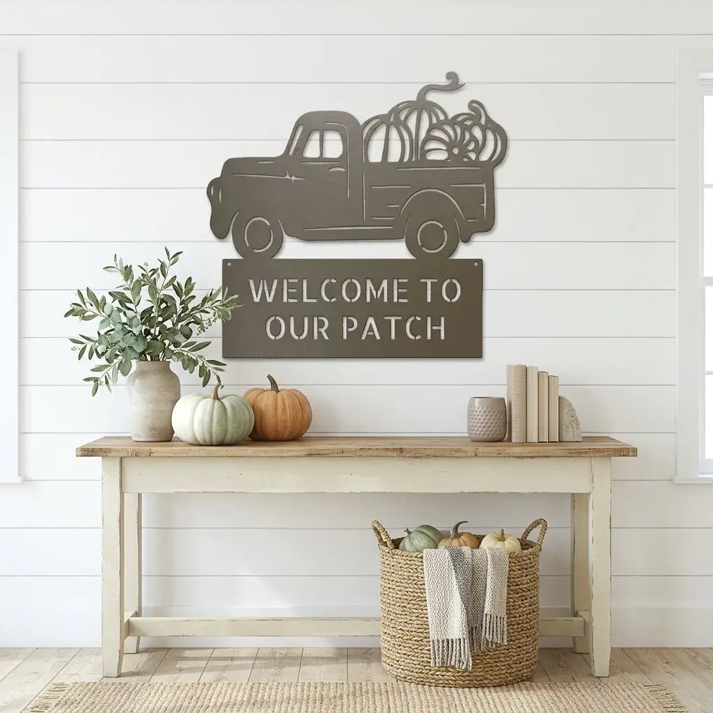 Personalized Vintage Pumpkin Truck Metal Wall Art | Custom Fall Harvest Sign | Farmhouse Autumn Decor | Welcome Pumpkin Patch Sign | Rustic Thanksgiving Wall Decor | Made in USA