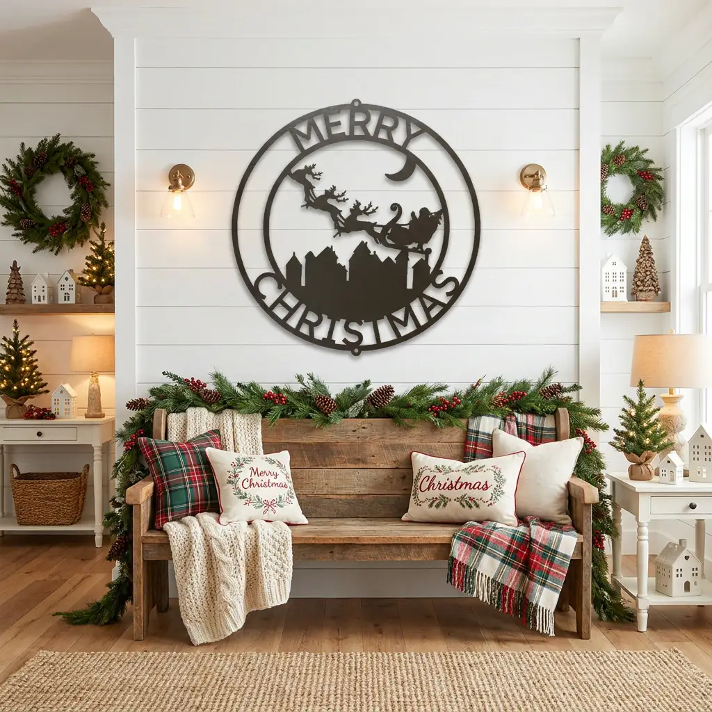 Personalized Santa Sleigh Flying Over Town Metal Wall Art – Custom Family Name Christmas Sign – Holiday Steel Décor (5 Sizes, 5 Colors)