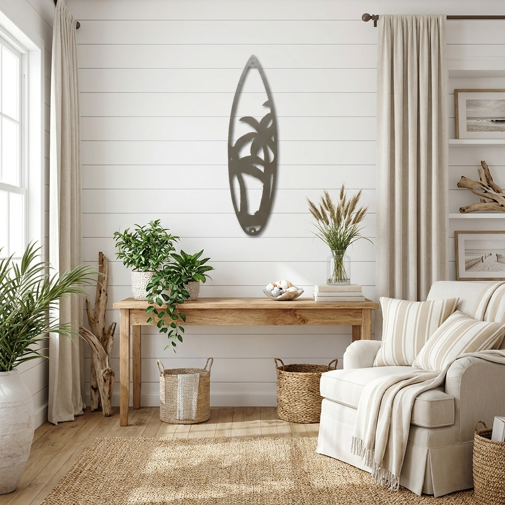 Palm Tree Surfboard Metal Wall Art | Tropical Coastal Beach Decor | Surfboard Shaped Metal Wall Hanging | Island & Ocean Home Decor | Made in USA