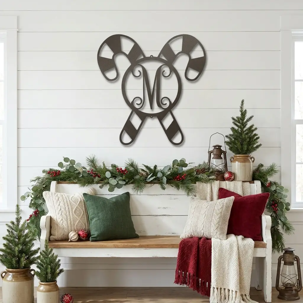 Personalized Candy Cane Monogram Metal Wall Art – Custom Initial Christmas Sign – Holiday Steel Décor (5 Sizes, 5 Colors)