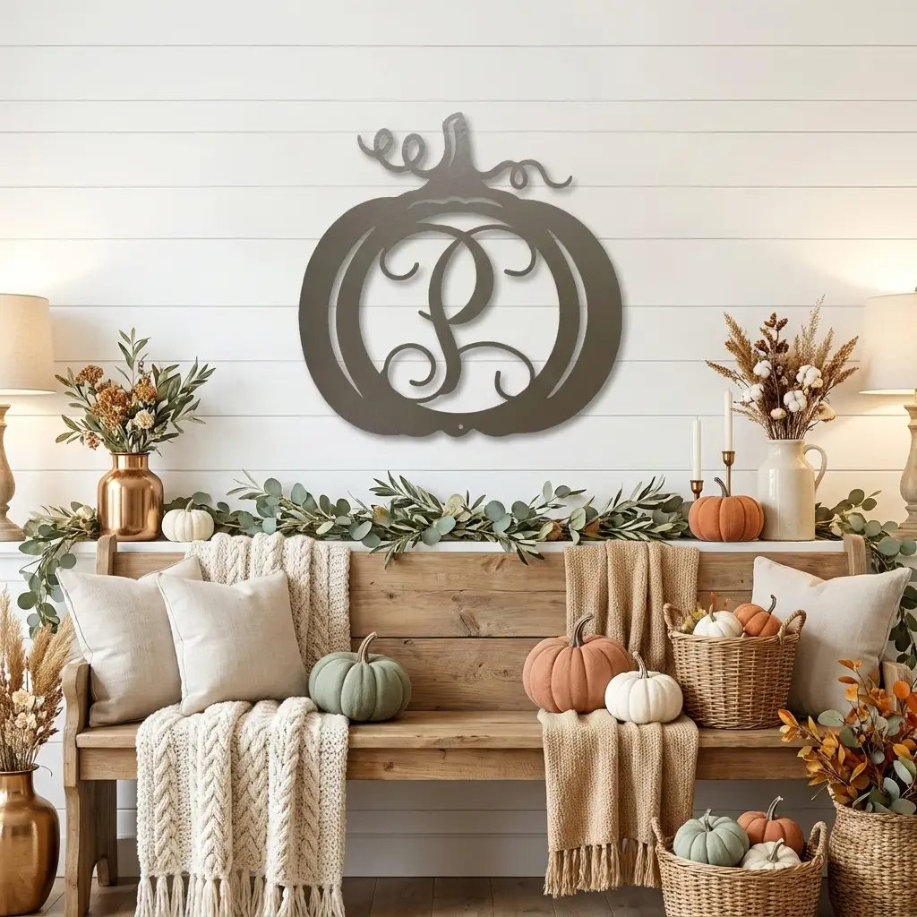 Pumpkin Custom Family Name Initial Monogram Indoor Outdoor Steel Wall Sign