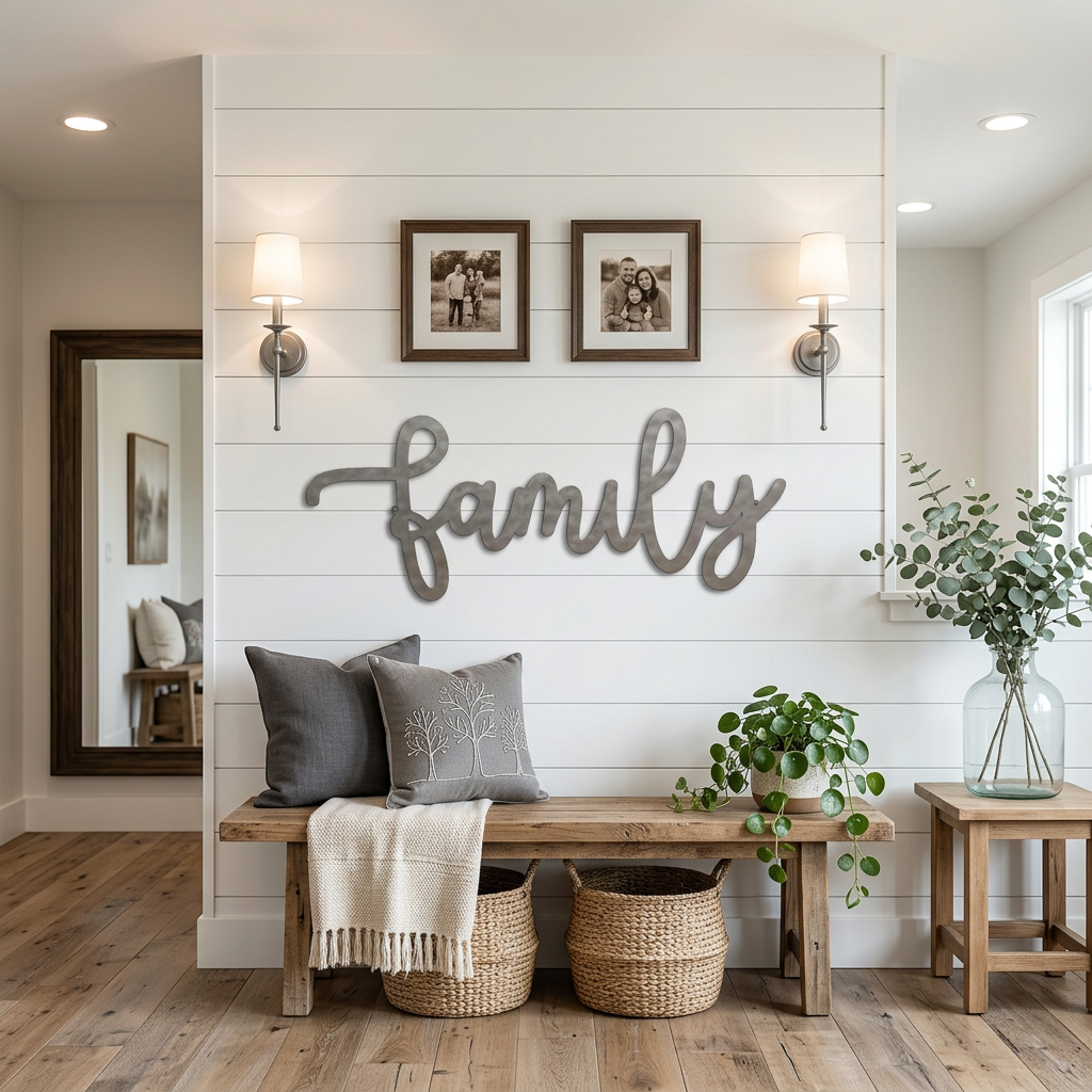 Family Script Metal Wall Art – Modern Farmhouse Decor – Minimalist Home Sign – Family Wall Decor