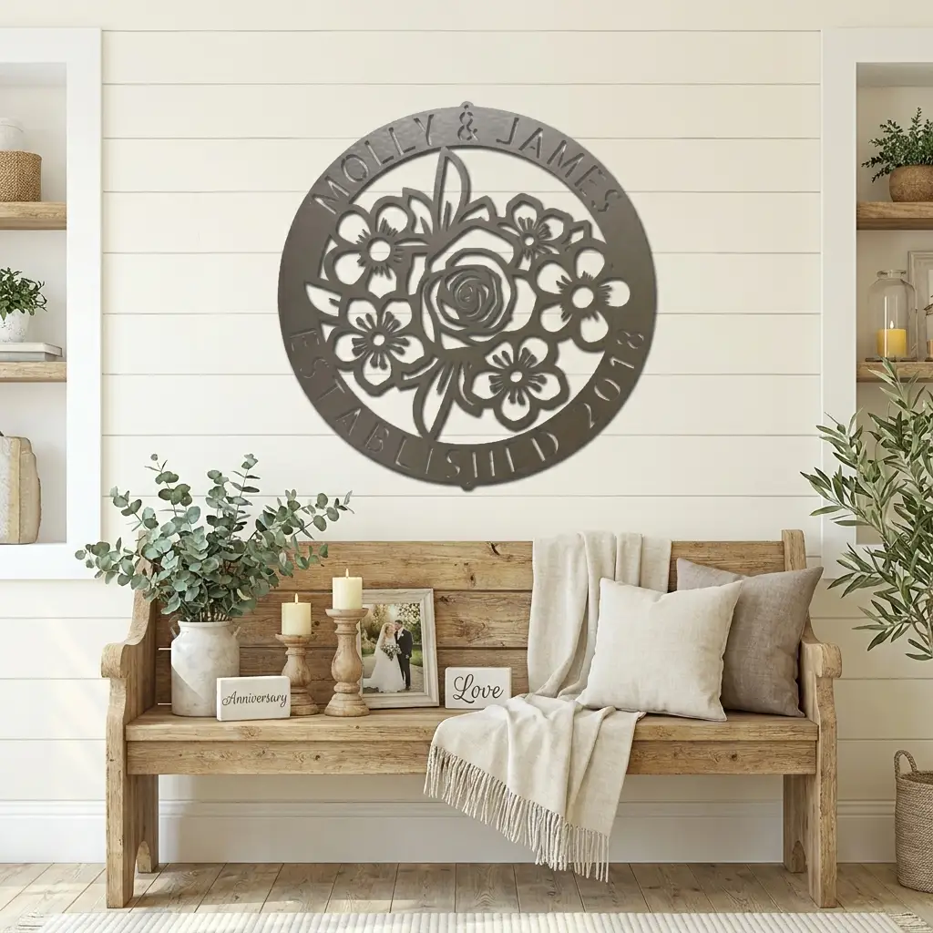Personalized Floral Family Name Metal Sign | Custom Established Date Wall Art | Round Flower Monogram Steel Decor | Wedding, Anniversary & Housewarming Gift