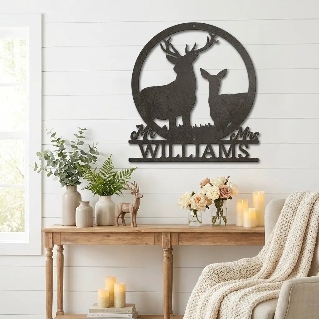 Personalized Mr & Mrs Deer Couple Metal Sign – Custom Last Name Stag & Doe Wall Art – Romantic Wedding or Anniversary Gift