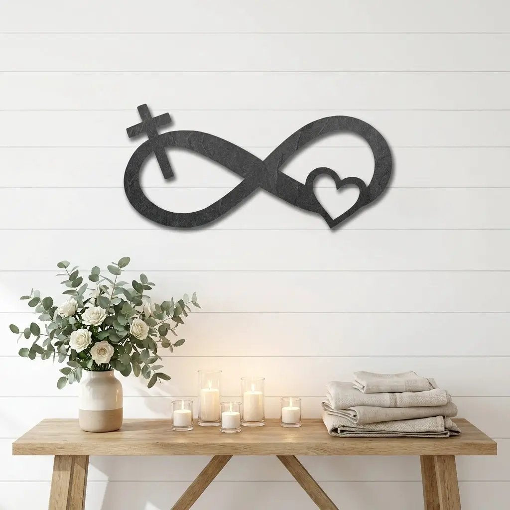 Infinity Cross and Heart Metal Wall Art – Christian Faith Inspired Indoor/Outdoor Sign – Laser Cut Powder-Coated Steel, Elegant Religious Home Décor (Multiple Sizes & Colors)