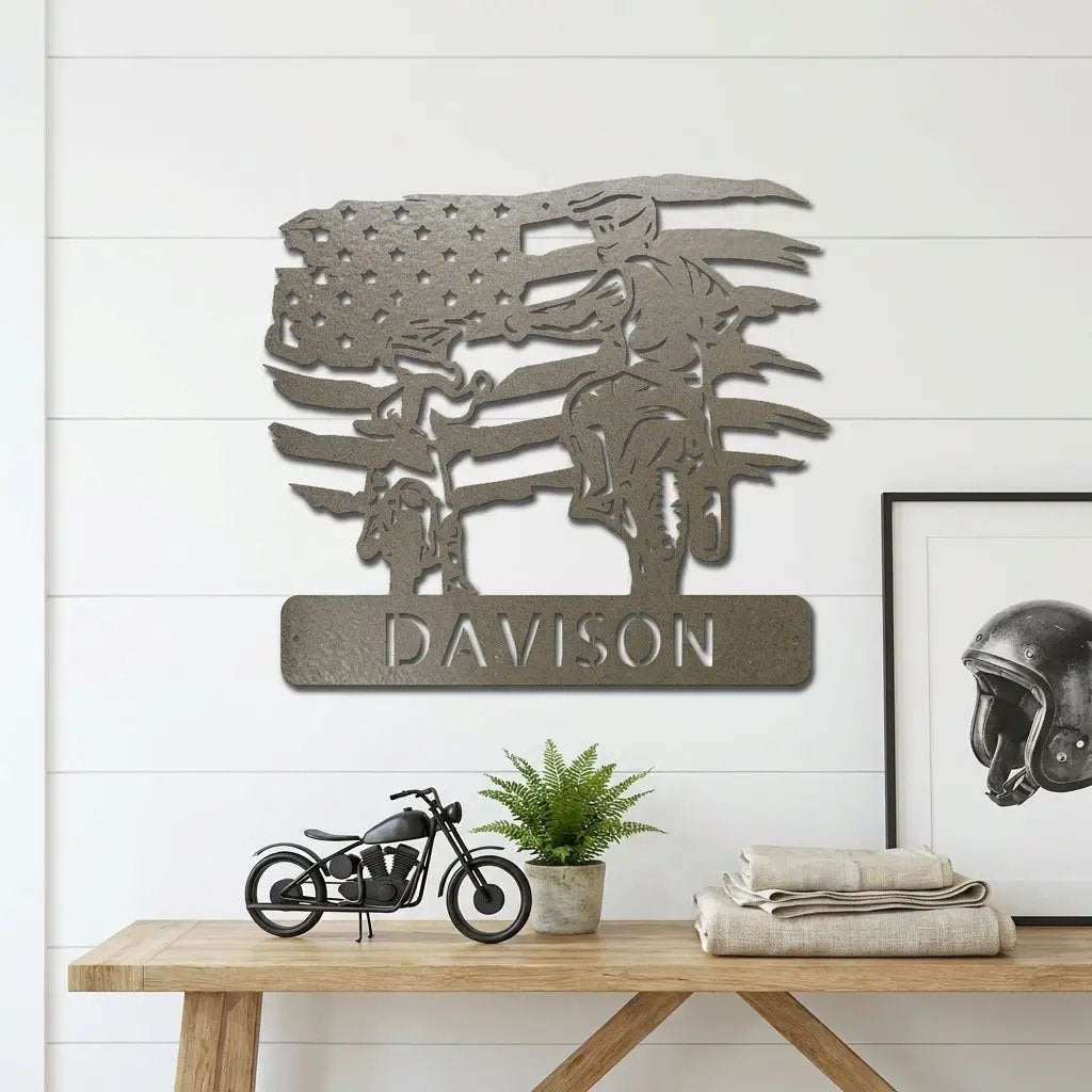 Personalized American Father & Son Motorcycle Metal Wall Art | Patriotic Biker Family Sign | Custom USA Motorcycle Decor