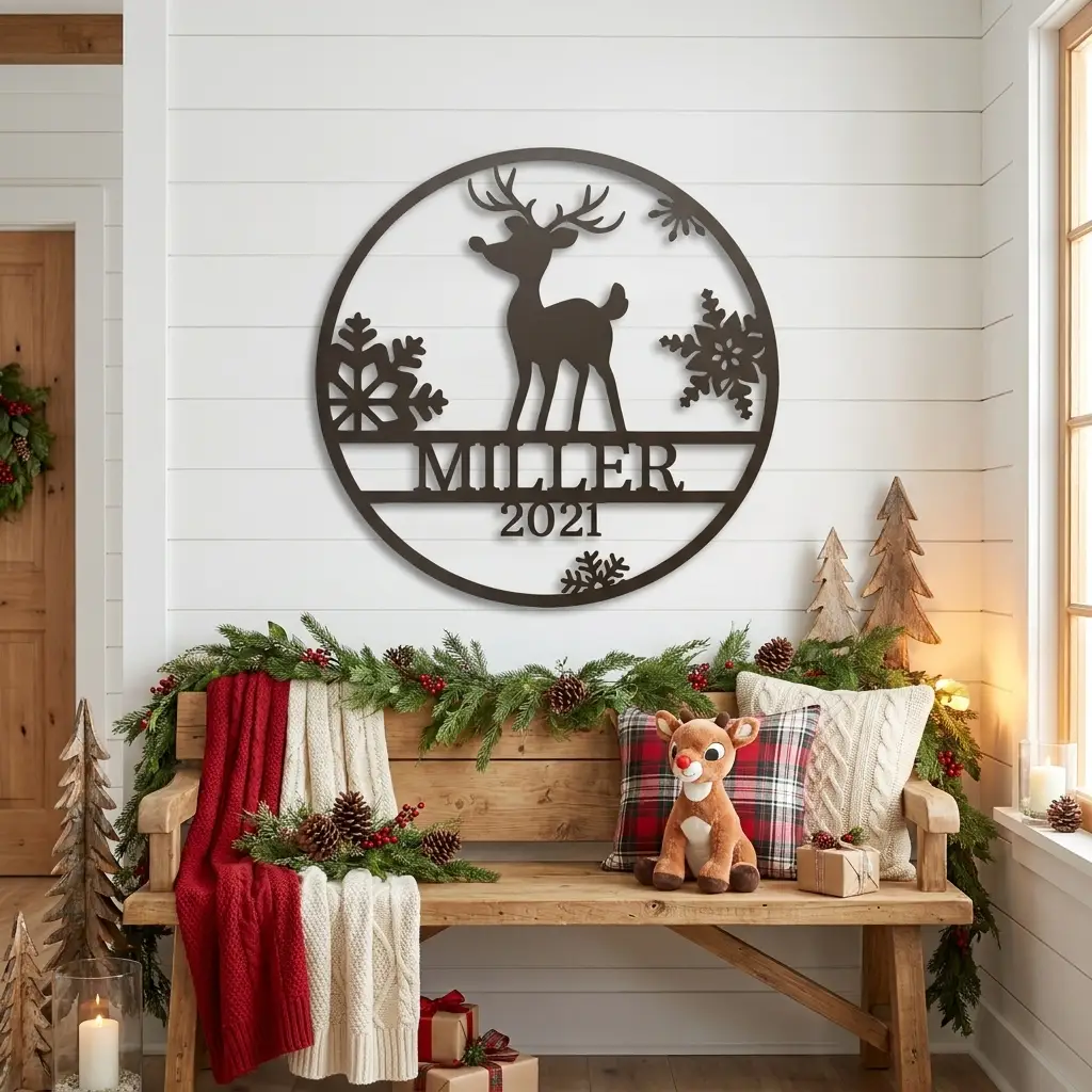 Rudolph Reindeer Christmas Personalized Metal Sign | Custom Family Name & Year Holiday Wall Art | Reindeer Snowflake Metal Decor | Christmas Gift for Family