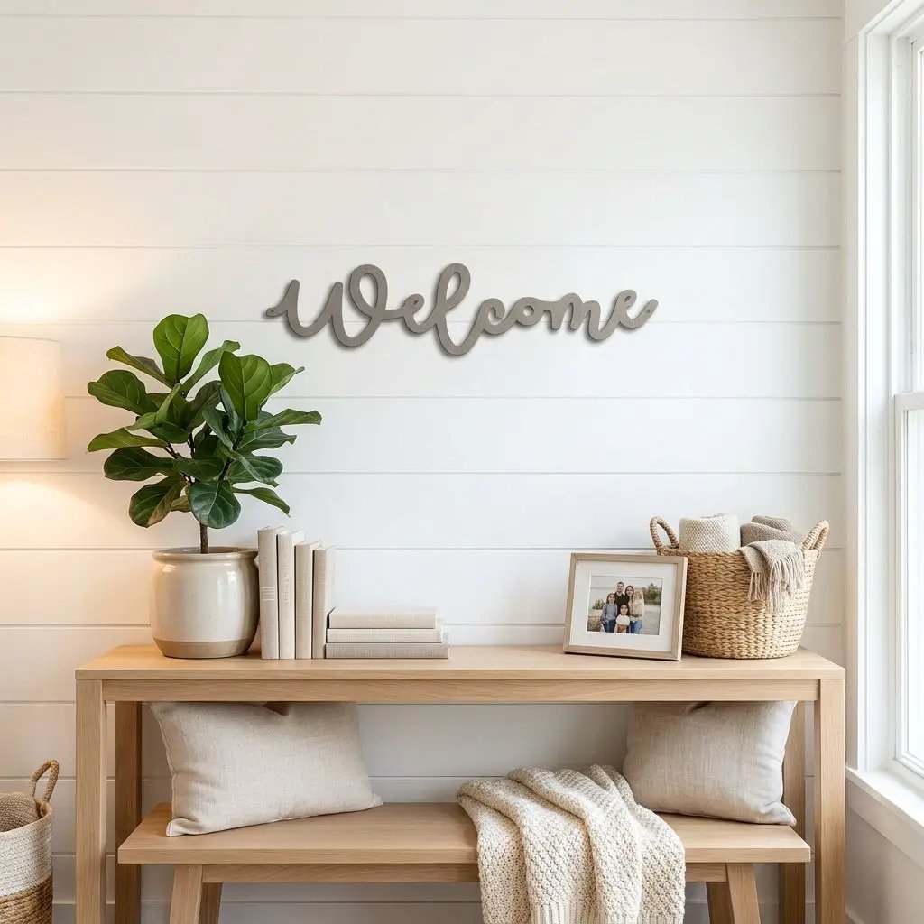 Welcome Script Metal Wall Art – Modern Farmhouse Welcome Sign – Minimalist Entryway Steel Decor for Porch, Foyer & Living Room