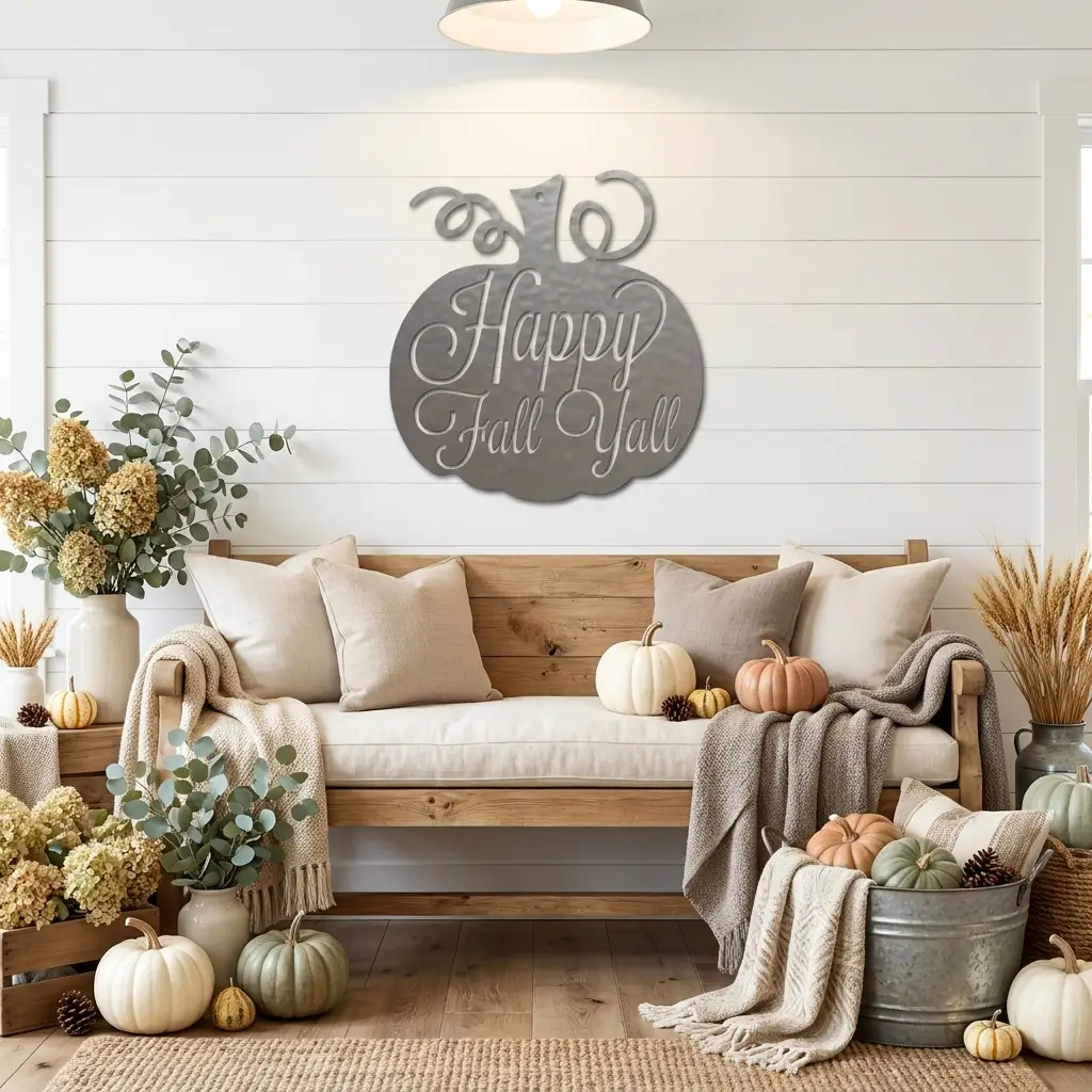 Happy Fall Y'all Pumpkin Metal Wall Art | Autumn Pumpkin Wall Decor | Rustic Farmhouse Fall Sign | Thanksgiving Porch & Entryway Decor | Seasonal Metal Wall Hanging | Made in USA
