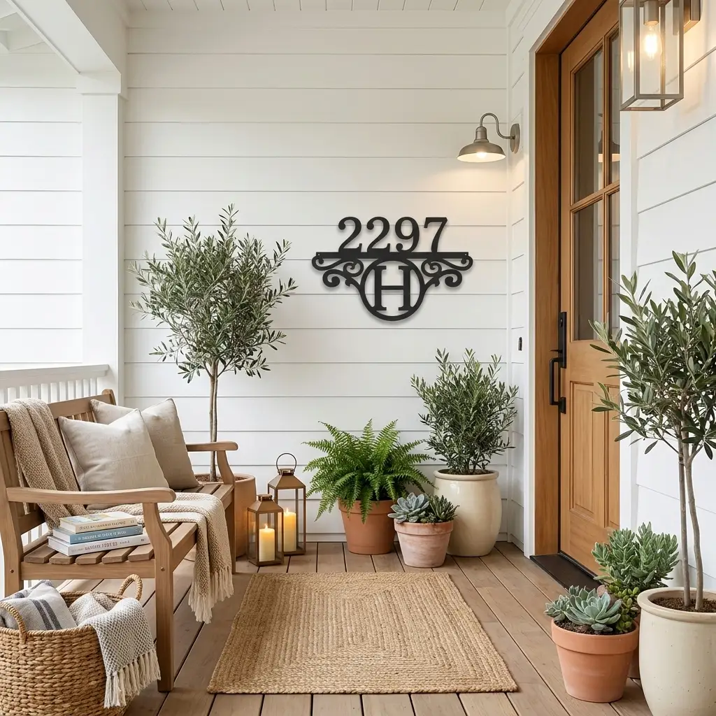 Personalized Address Sign with Initial | Custom Metal House Number Sign | Monogram Outdoor Address Plaque | Modern Farmhouse Steel Wall Decor