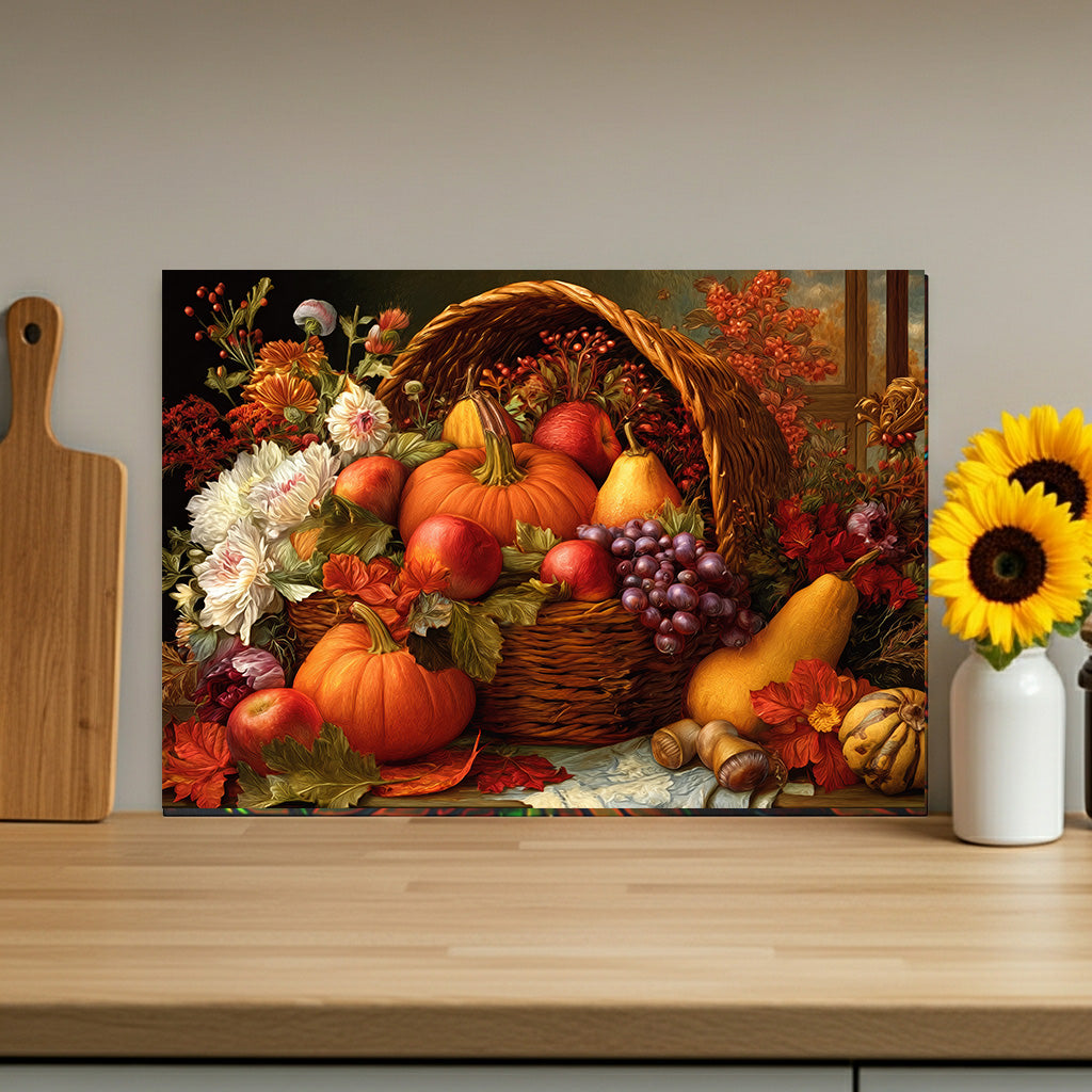 Autumn Harvest Glass Cutting Board — Pumpkin & Fruit Still Life Kitchen Décor