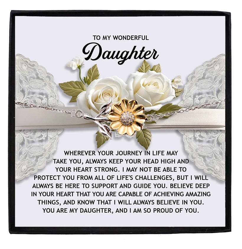 Daughter Sunflower Bracelet Sterling Silver with 18K Gold-Plated Petals – Inspirational Birthday Graduation Christmas Gift from Parent –Proud of You Heartfelt Message Card