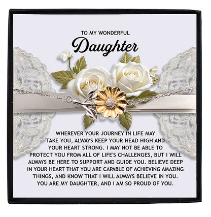 Daughter Sunflower Bracelet Sterling Silver with 18K Gold-Plated Petals – Inspirational Birthday Graduation Christmas Gift from Parent –Proud of You Heartfelt Message Card - Mallard Moon Gift Shop
