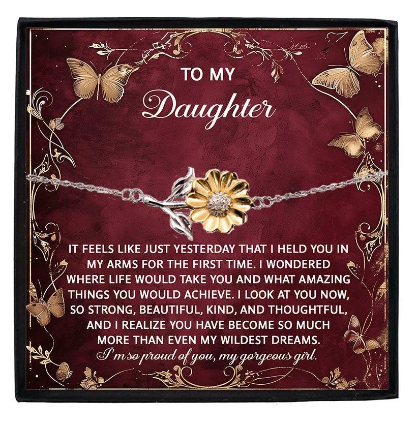 Daughter Sunflower Bracelet – Sterling Silver with 18K Gold-Plated Petals – Sentimental Birthday Graduation Christmas Jewelry Keepsake Gift from Parent with Heartfelt Message Card