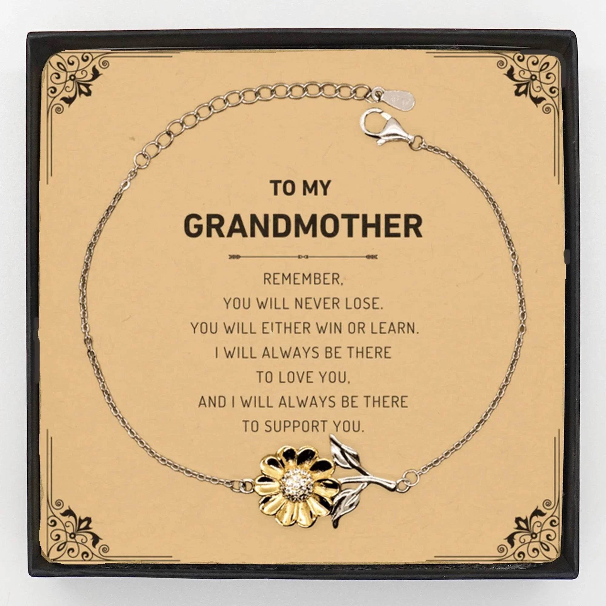 Grandmother Gifts, To My Grandmother Remember, you will never lose. You will either WIN or LEARN, Keepsake Sunflower Bracelet Birthday Christmas Gifts Ideas