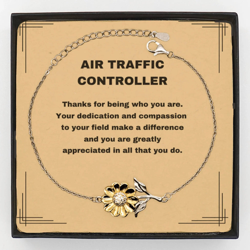 Air Traffic Controller Sunflower Bracelet – 925 Sterling Silver with 18K Gold-Plated Petals – Thoughtful Appreciation Gift for Women