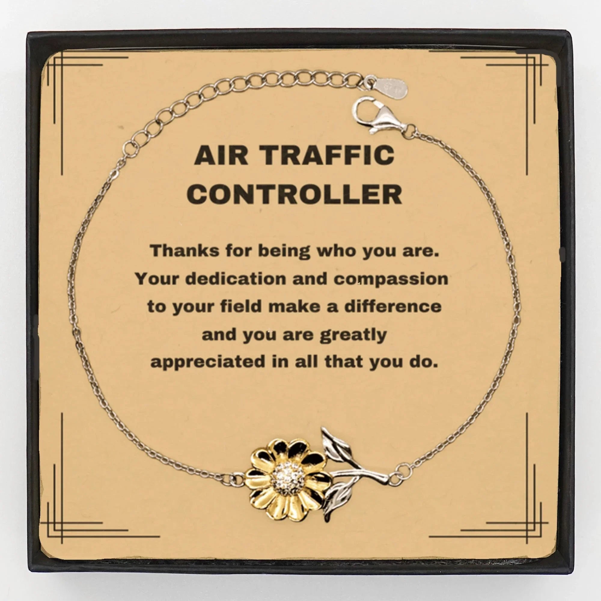 Air Traffic Controller Sunflower Bracelet – 925 Sterling Silver with 18K Gold-Plated Petals – Thoughtful Appreciation Gift for Women