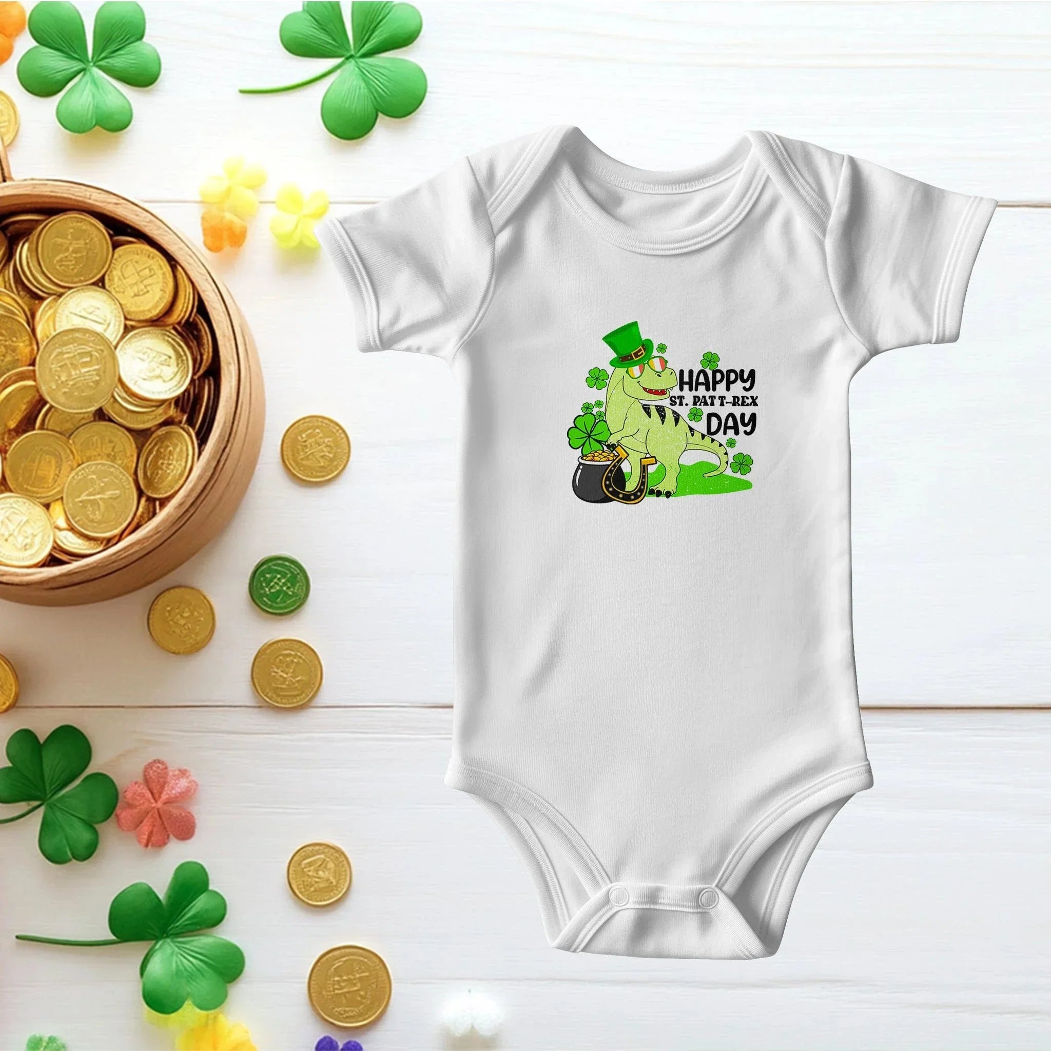 Baby St. Patrick's Day Bodysuit – Cute T-Rex Dinosaur – Lucky Irish Holiday Outfit – Soft Cotton Short Sleeve Infant Romper