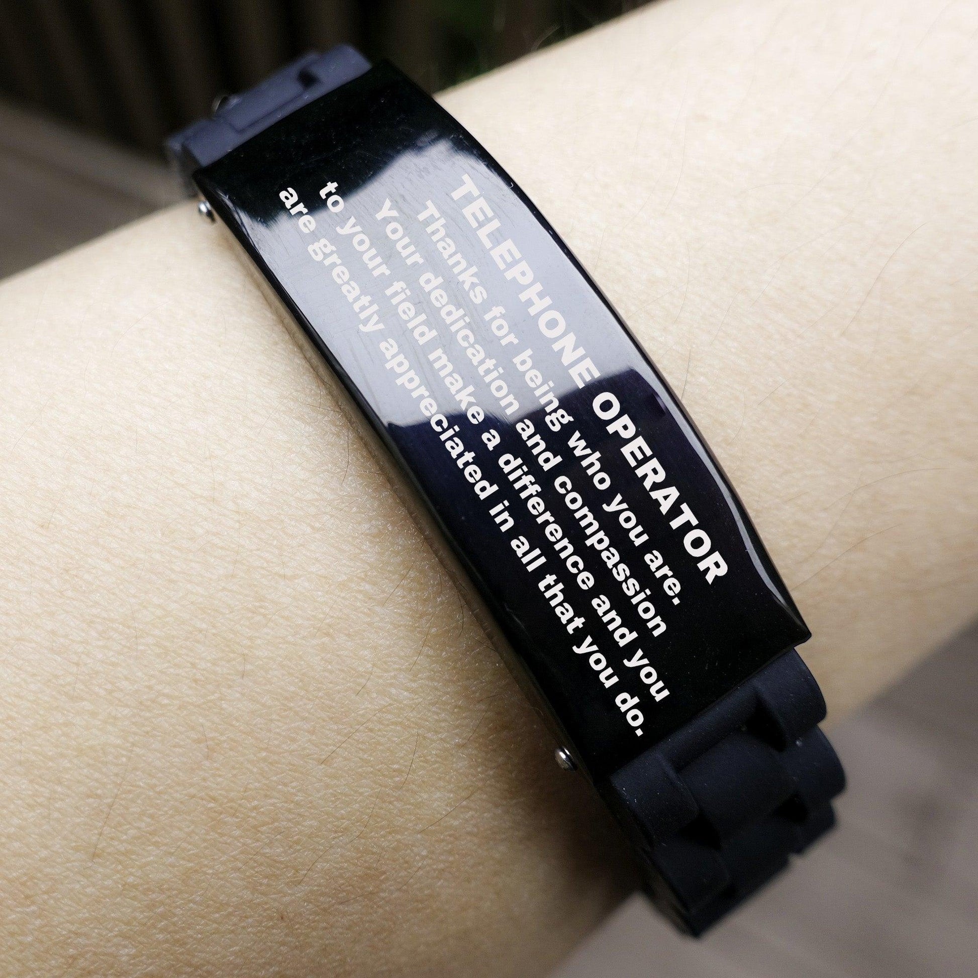 Telephone Operator Black Glidelock Clasp Engraved Bracelet - Thanks for being who you are - Birthday Christmas Jewelry Gifts Coworkers Colleague Boss - Mallard Moon Gift Shop