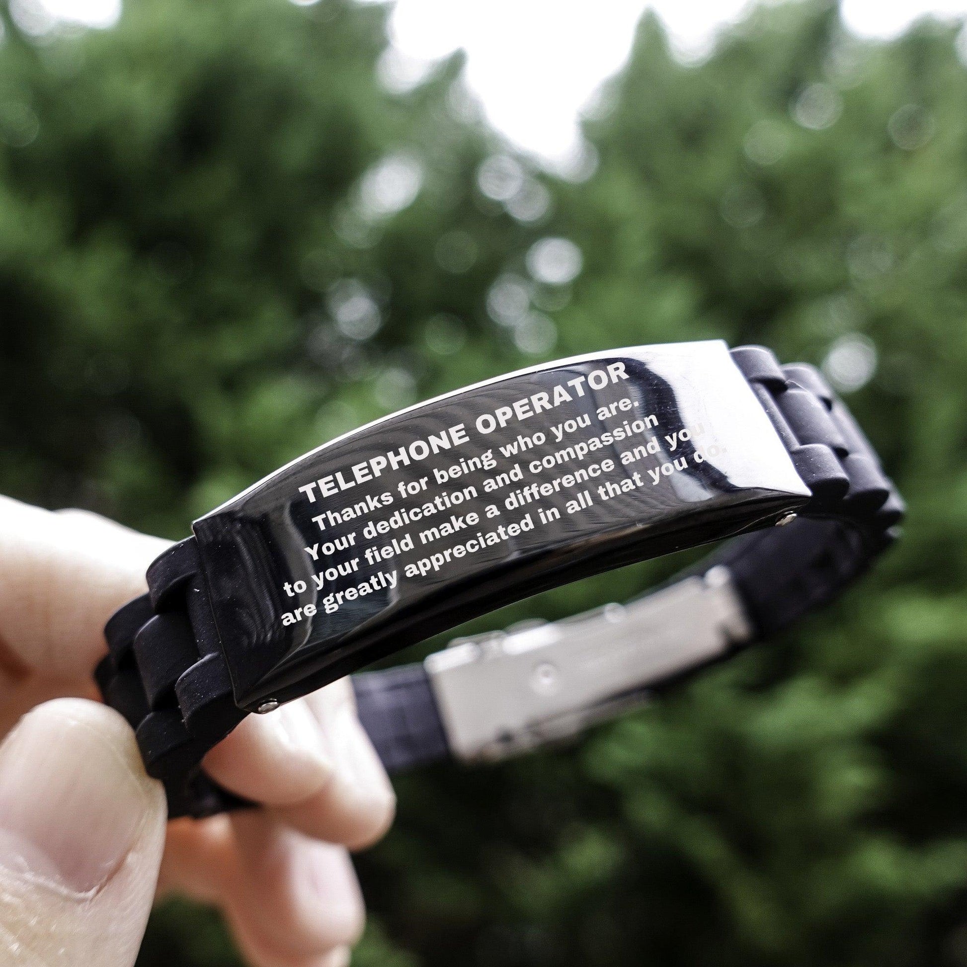 Telephone Operator Black Glidelock Clasp Engraved Bracelet - Thanks for being who you are - Birthday Christmas Jewelry Gifts Coworkers Colleague Boss - Mallard Moon Gift Shop