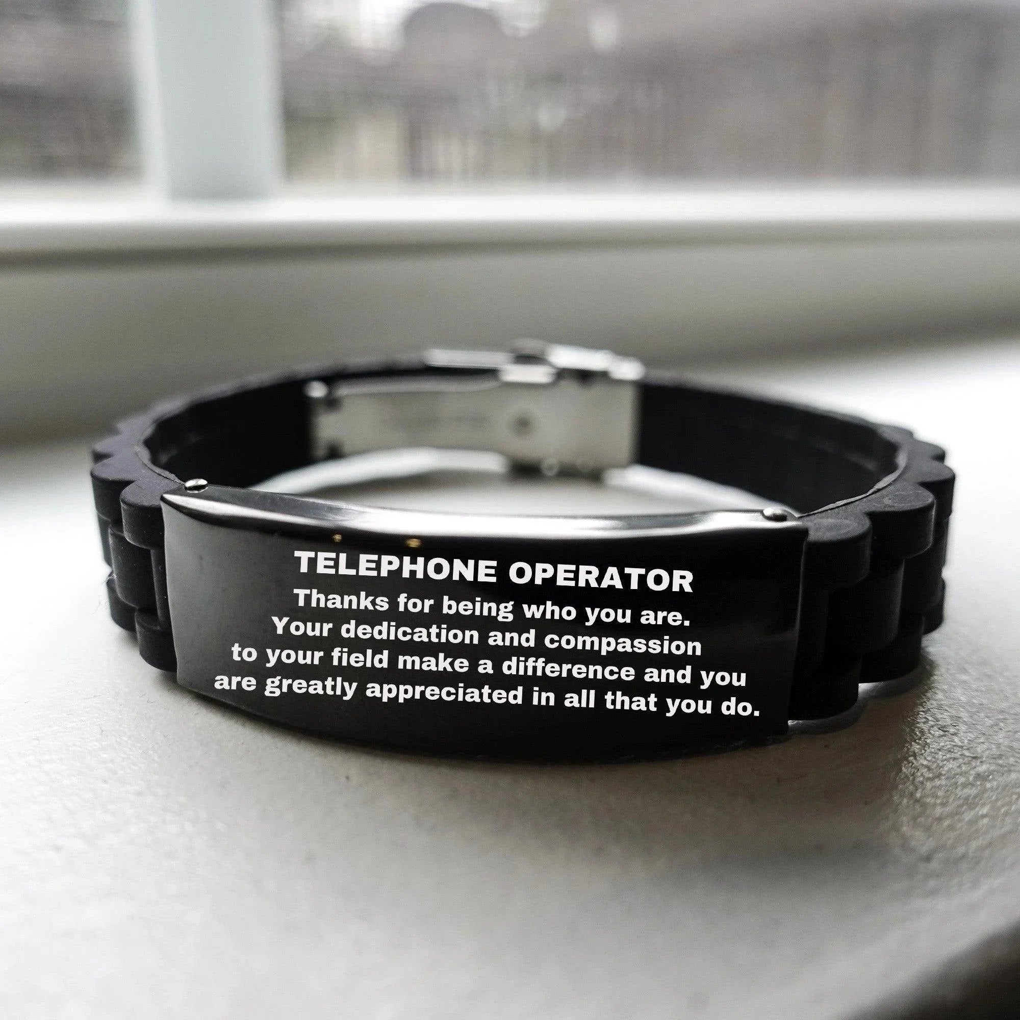 Telephone Operator Black Glidelock Clasp Engraved Bracelet - Thanks for being who you are - Birthday Christmas Jewelry Gifts Coworkers Colleague Boss