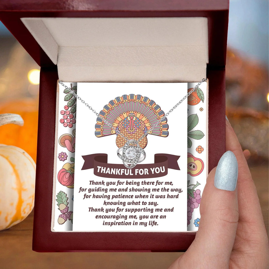 Thanksgiving Gift for Her – “Thankful for You” Love Knot Necklace with Message Card | Gratitude Gift for Mom, Mentor, or Friend