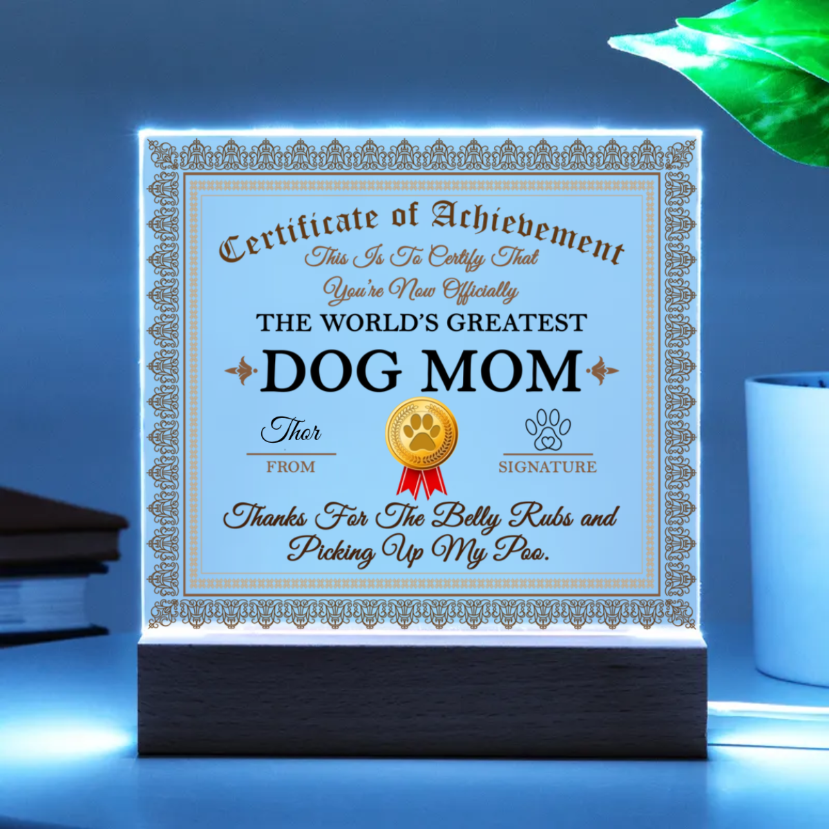 Dog Mom Certificate of Achievement Lighted Acrylic Plaque for Dog Lovers - Mallard Moon Gift Shop