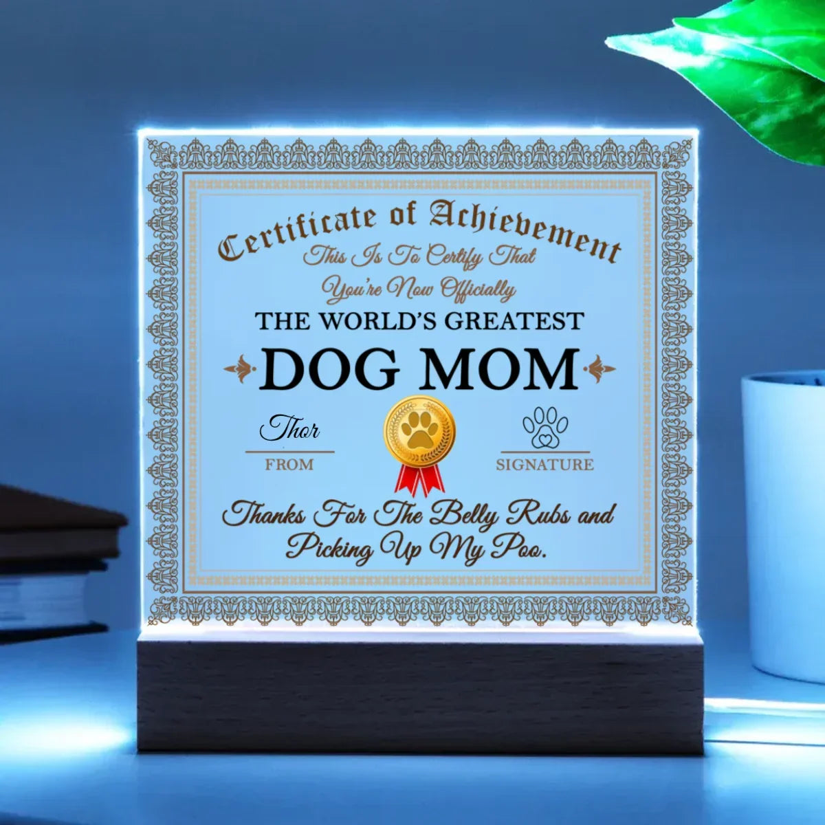 Dog Mom Certificate of Achievement Lighted Acrylic Plaque for Dog Lovers