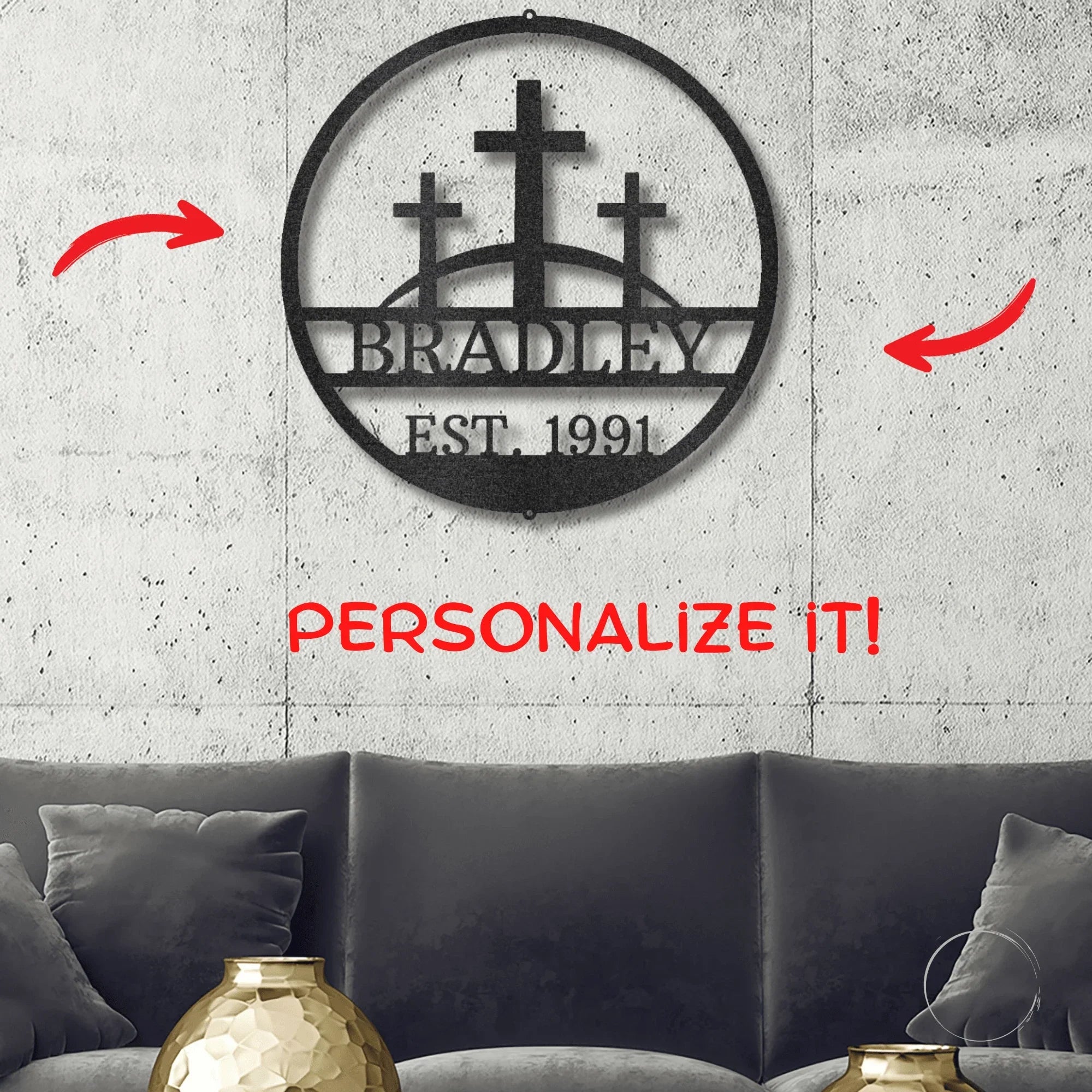 Three Crosses Personalized Metal Wall Art – Custom Family Name Christian Decor – 5 Sizes & Finishes – Made in the USA