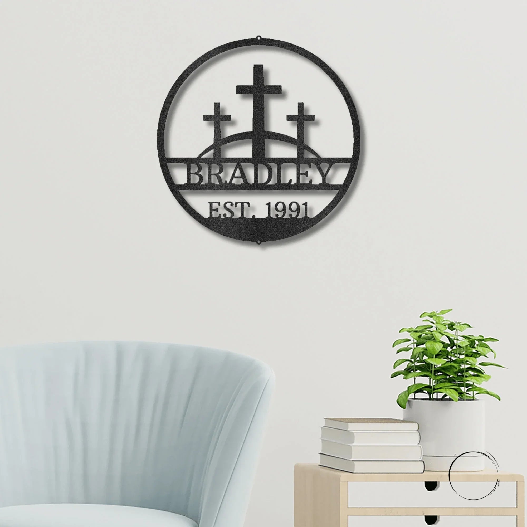 Three Crosses Personalized Metal Wall Art – Custom Family Name Christian Decor – 5 Sizes & Finishes – Made in the USA