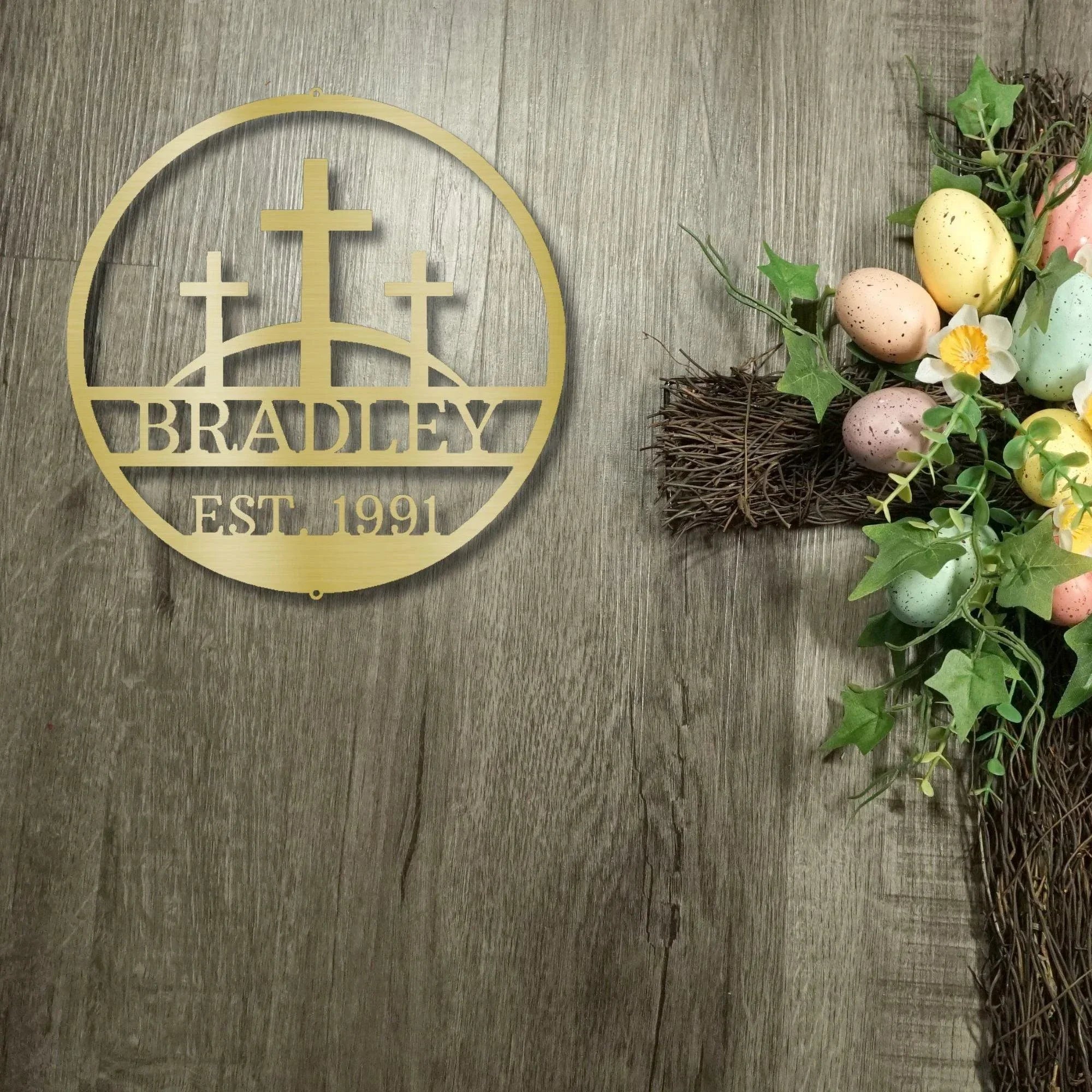 Three Crosses Personalized Metal Wall Art – Custom Family Name Christian Decor – 5 Sizes & Finishes – Made in the USA