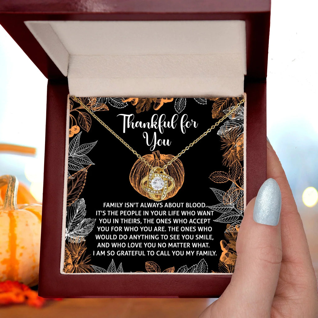 Thanksgiving Gift for Her – “Thankful for You” Love Knot Necklace with Message Card | Family & Friendship Appreciation Jewelry