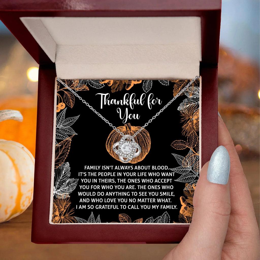 Thanksgiving Gift for Her – “Thankful for You” Love Knot Necklace with Message Card | Family & Friendship Appreciation Jewelry