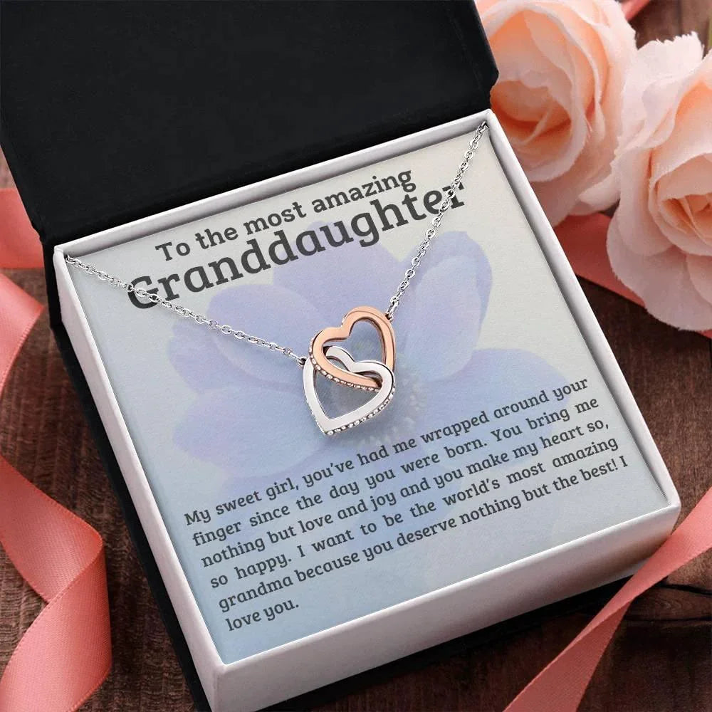 To My Amazing Granddaughter - You Bring Me Love and Joy - Personalized Interlocking Hearts Pendant Necklace