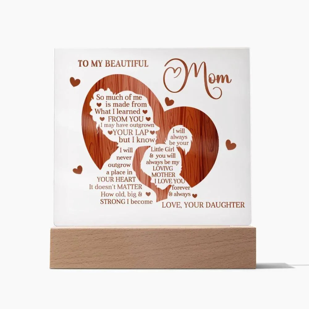 To My Beautiful Mom I May Have Outgrown Your Lap But I Will Never Outgrow Your Heart Personalized Acrylic Plaque