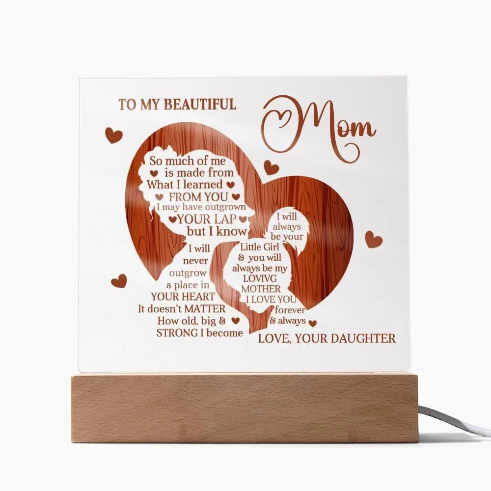 To My Beautiful Mom I May Have Outgrown Your Lap But I Will Never Outgrow Your Heart Personalized Acrylic Plaque
