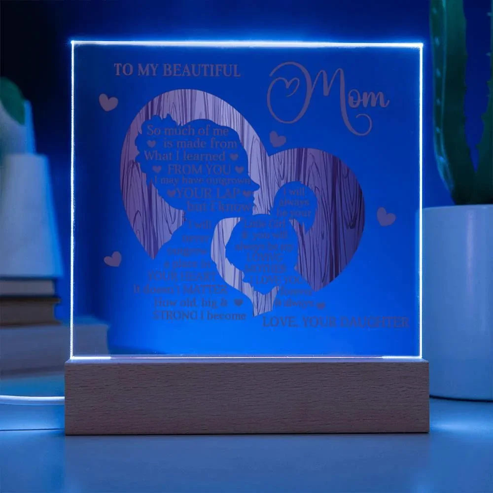 To My Beautiful Mom I May Have Outgrown Your Lap But I Will Never Outgrow Your Heart Personalized Acrylic Plaque