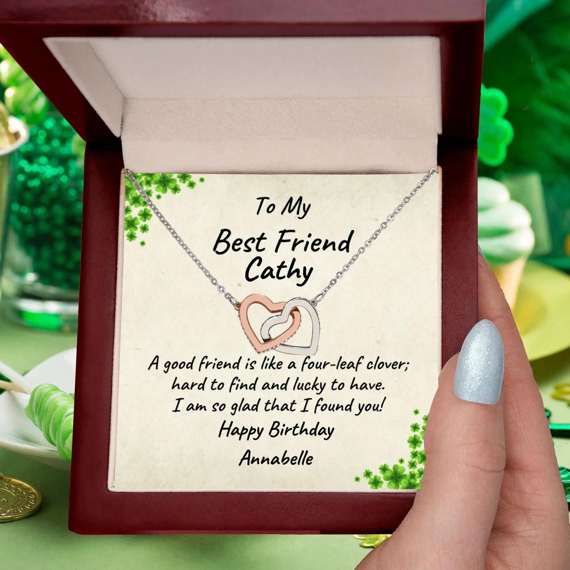 To My Best Friend - A Good Friend is Like a Four-leaf Clover, Hard to Find and Lucky to Have Personalized Hearts Pendant Necklace