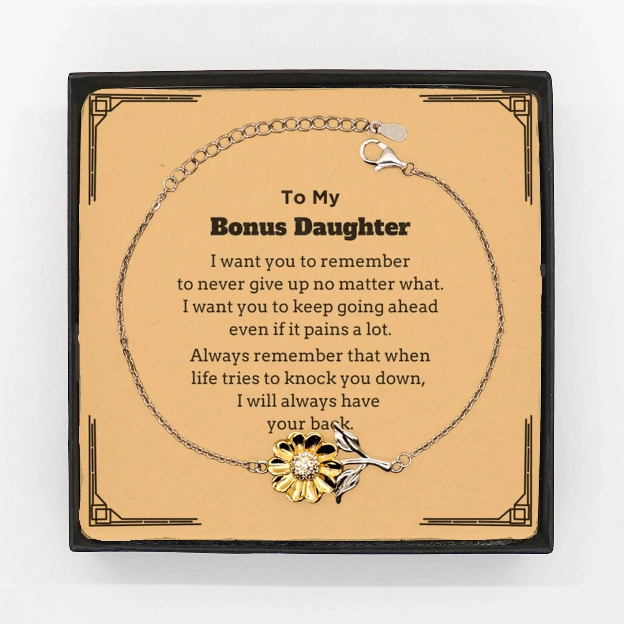 To My Bonus Daughter Gifts, Never give up no matter what, Inspirational Bonus Daughter Sunflower Bracelet, Encouragement Birthday Christmas Unique Gifts For Bonus Daughter