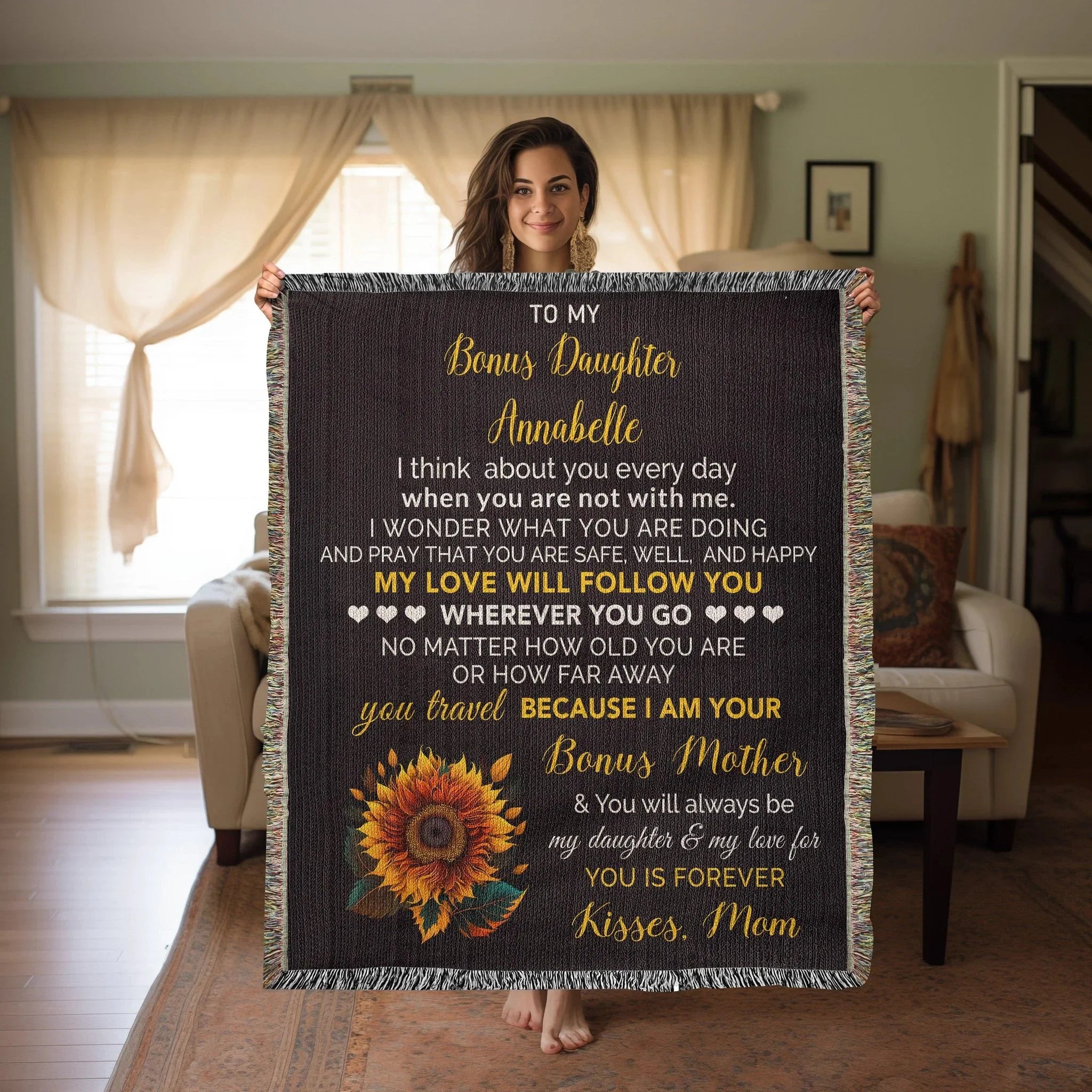 To My Bonus Daughter My Love Will Follow You Personalized Heirloom Woven Blanket