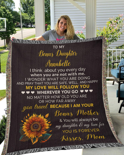 To My Bonus Daughter My Love Will Follow You Personalized Heirloom Woven Blanket - Mallard Moon Gift Shop