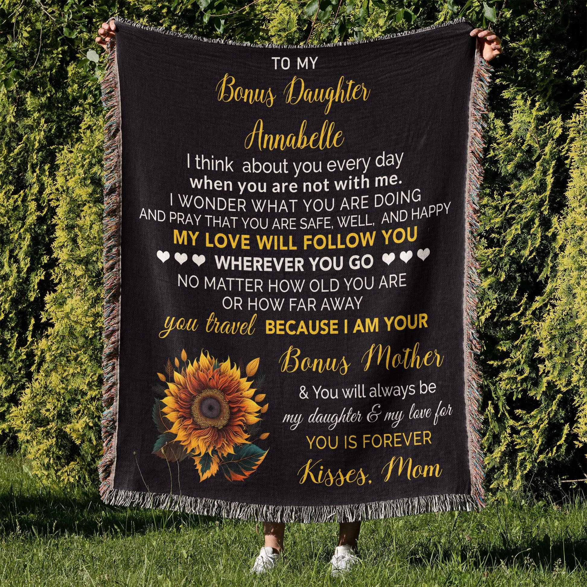 To My Bonus Daughter My Love Will Follow You Personalized Heirloom Woven Blanket - Mallard Moon Gift Shop