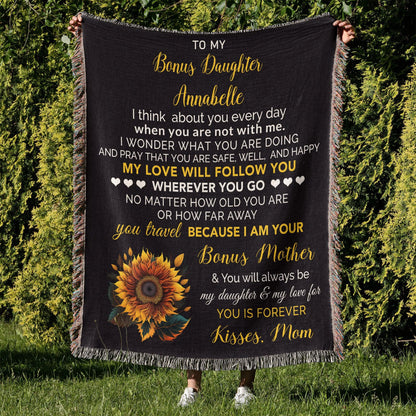 To My Bonus Daughter My Love Will Follow You Personalized Heirloom Woven Blanket - Mallard Moon Gift Shop