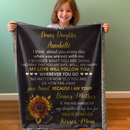 To My Bonus Daughter My Love Will Follow You Personalized Heirloom Woven Blanket - Mallard Moon Gift Shop