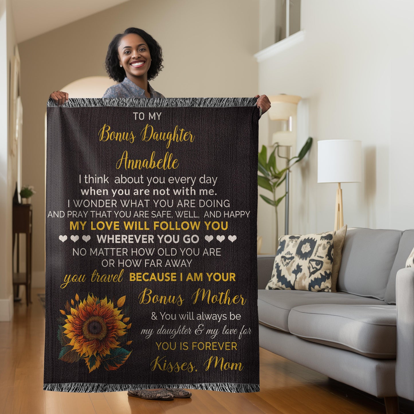 To My Bonus Daughter My Love Will Follow You Personalized Heirloom Woven Blanket - Mallard Moon Gift Shop