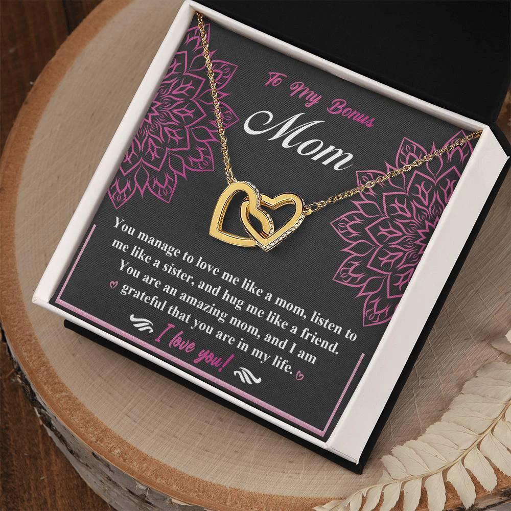 To My Bonus Mom - I am Grateful You Are in My Life - Interlocking Hearts Pendant Necklace