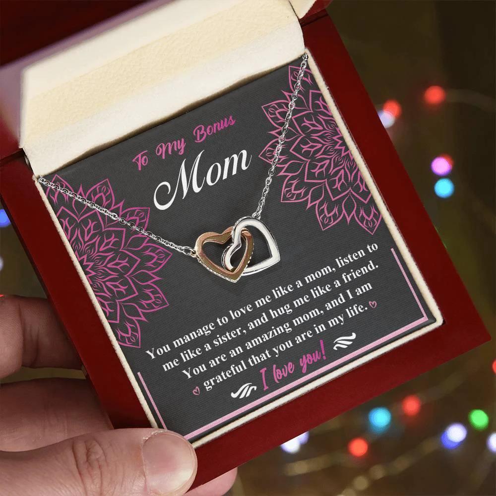 To My Bonus Mom - I am Grateful You Are in My Life - Interlocking Hearts Pendant Necklace