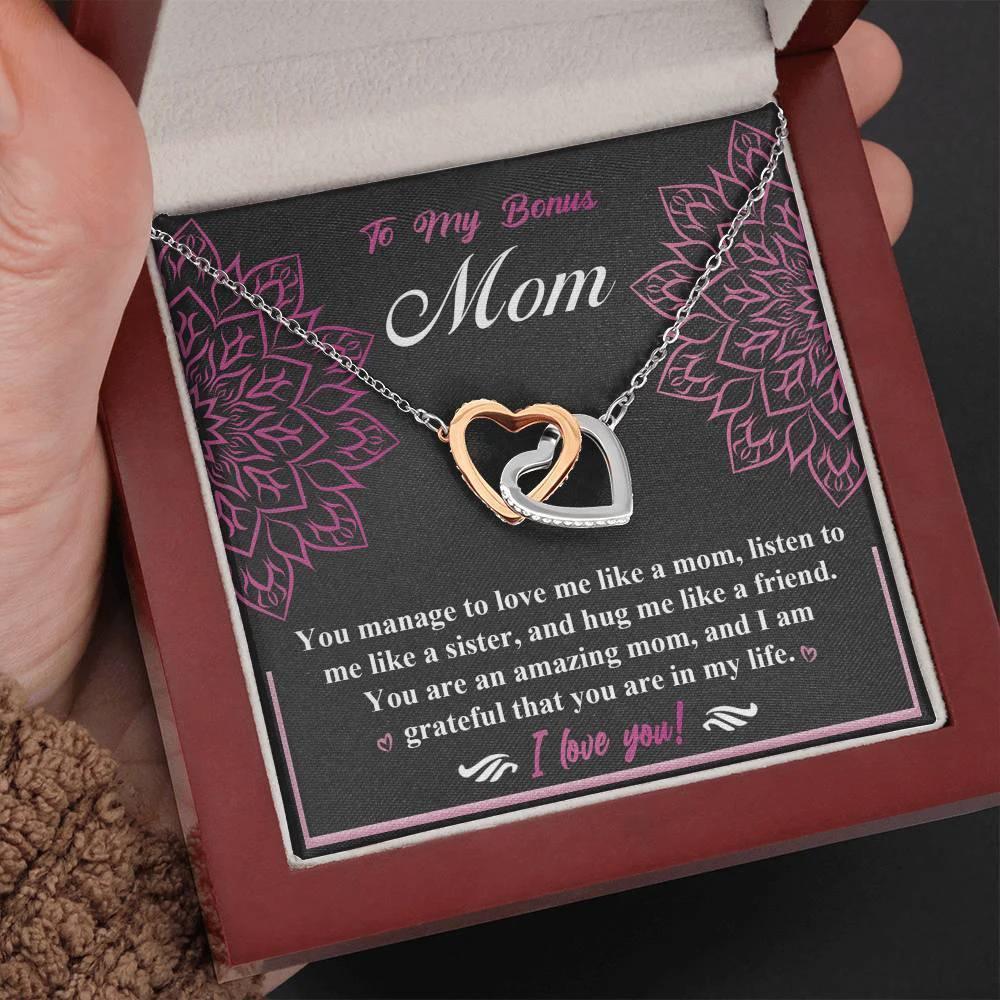 To My Bonus Mom - I am Grateful You Are in My Life - Interlocking Hearts Pendant Necklace
