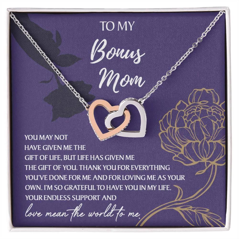 To My Bonus Mom Thank You for Everything Interlocking Hearts Pendant Necklace